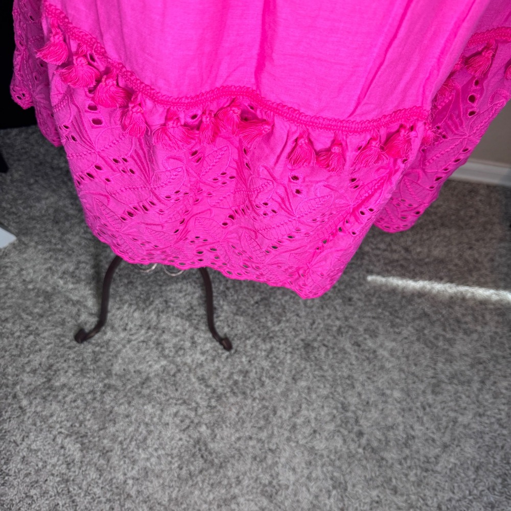 Sweet Lovely by Jen Hot Pink Tassel Tiered Eyelet Lace Mini Dress Womens Large - Picture 4 of 5